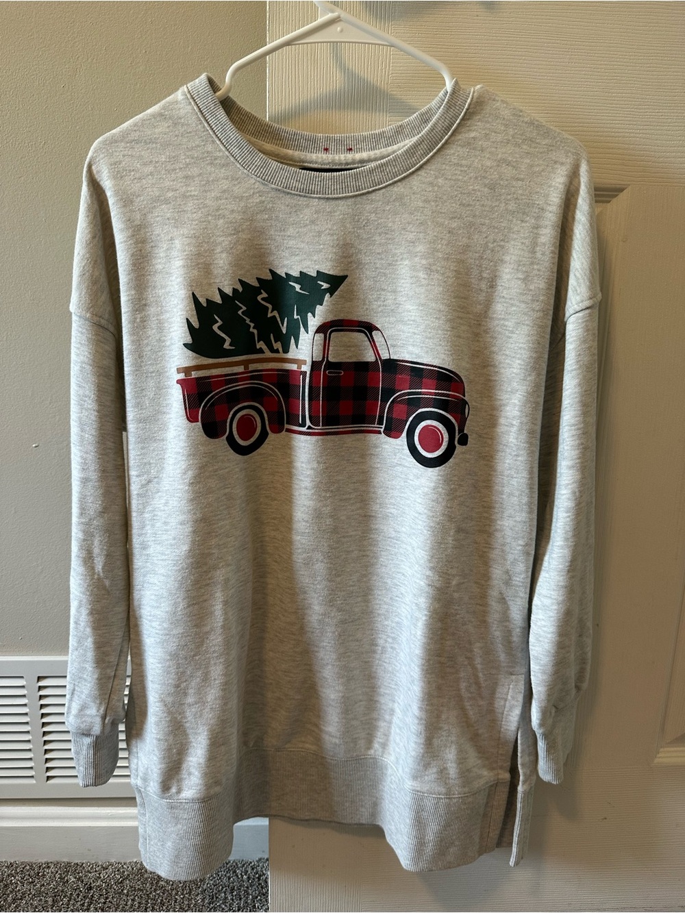 Ellen Tracy Gray Sweatshirt with Red Plaid Truck and Green Tree Graphic